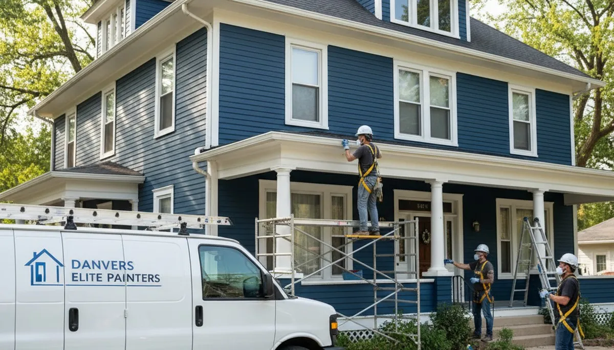 Professional Bloomington, IL painters preparing a home exterior for painting service